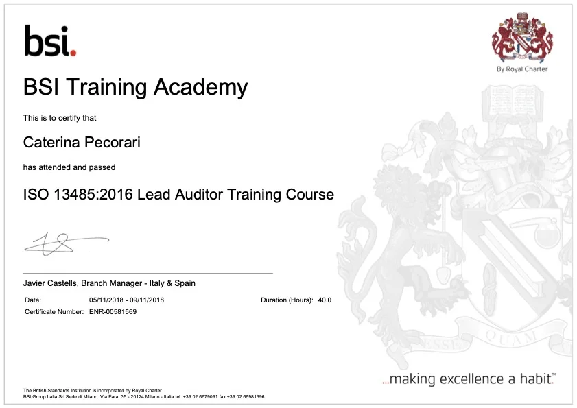 ISO 13485:2016 Lead Auditor Certificate